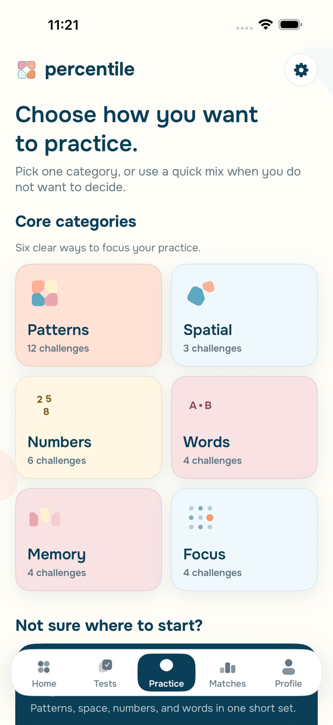 Percentile Practice screen showing its focused reasoning collections.