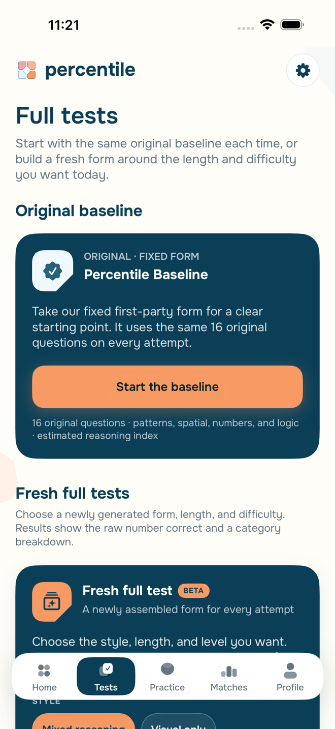 Percentile Tests screen showing the fixed 16-question Baseline and new full tests.